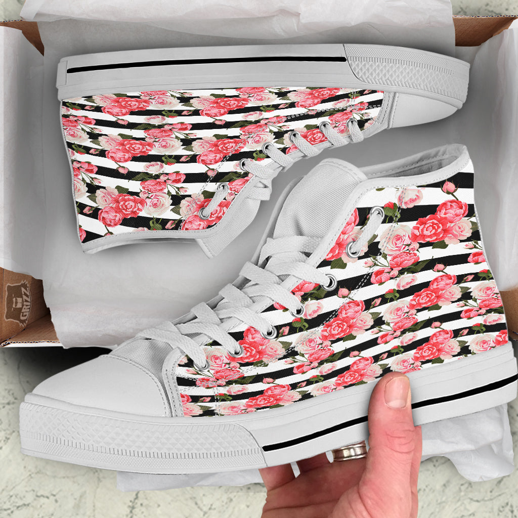 Stripes Peony And Roses Print Pattern White High Top Shoes-grizzshop