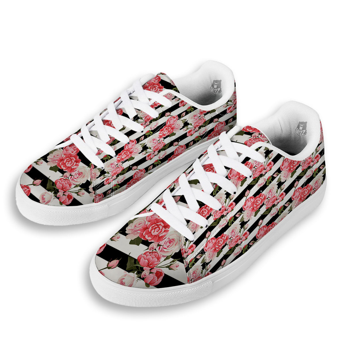 Stripes Peony And Roses Print Pattern White Low Top Sneakers-grizzshop