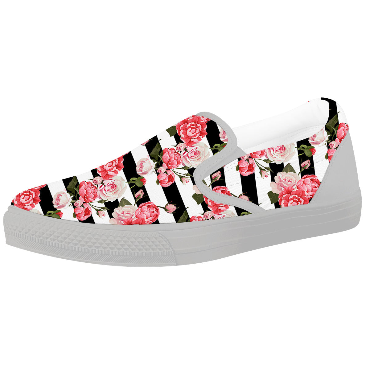 Stripes Peony And Roses Print Pattern White Slip On Shoes-grizzshop