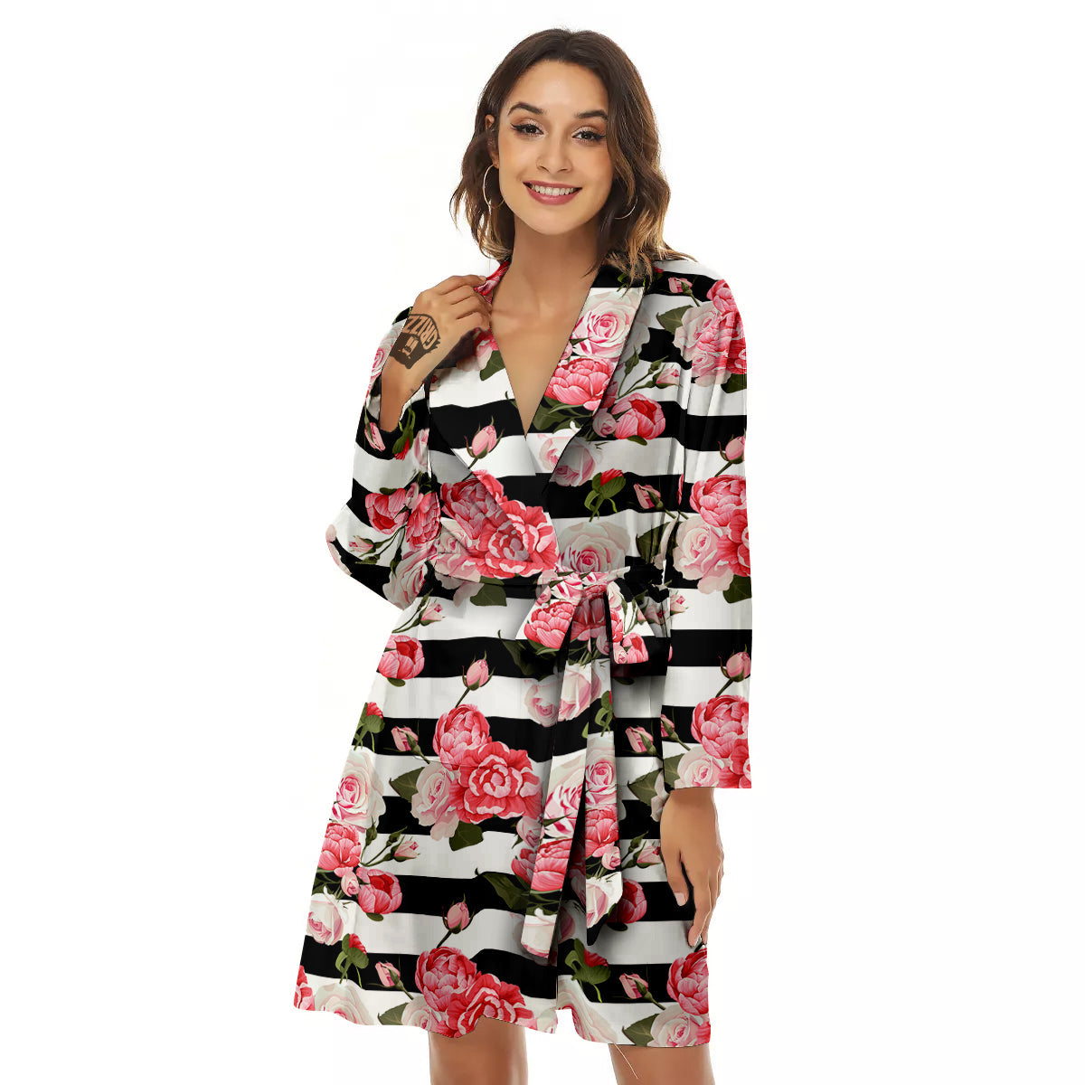 Stripes Peony And Roses Print Pattern Women's Robe-grizzshop