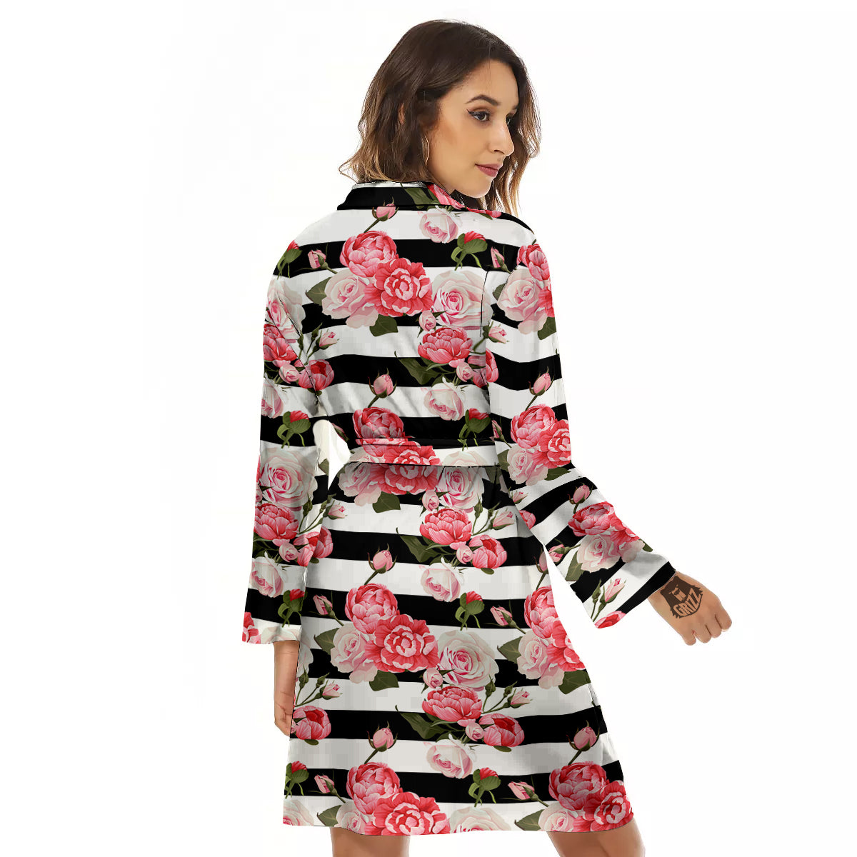 Stripes Peony And Roses Print Pattern Women's Robe-grizzshop