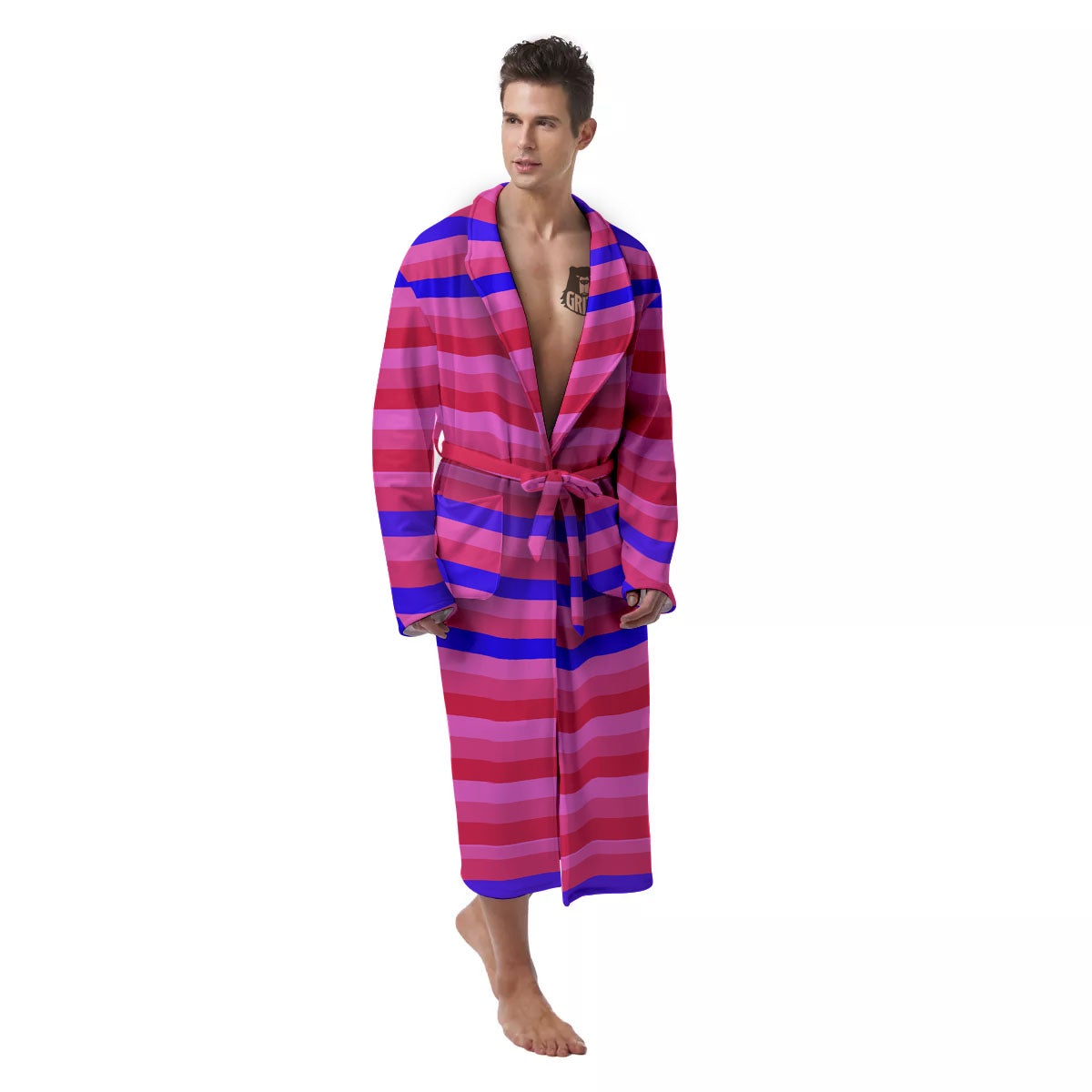 Stripes Pink Red And Blue Print Men's Robe-grizzshop