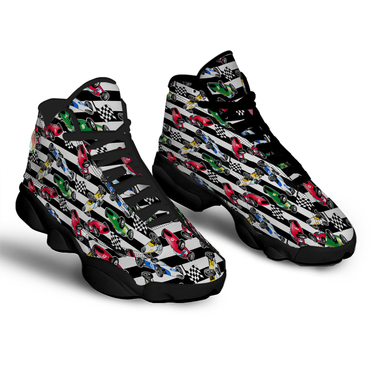 Stripes Racing Cars Print Pattern Black Basketball Shoes-grizzshop