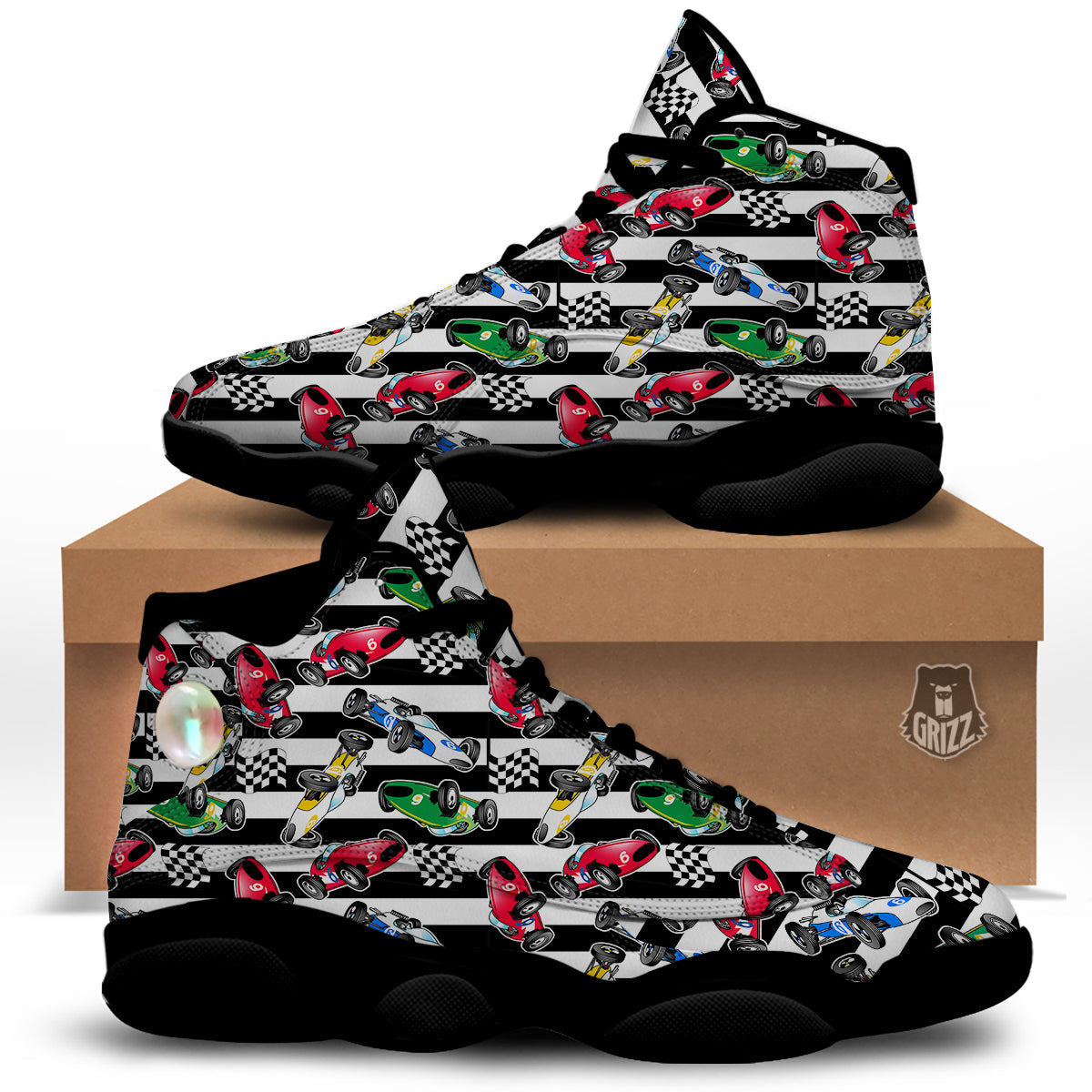 Stripes Racing Cars Print Pattern Black Basketball Shoes-grizzshop