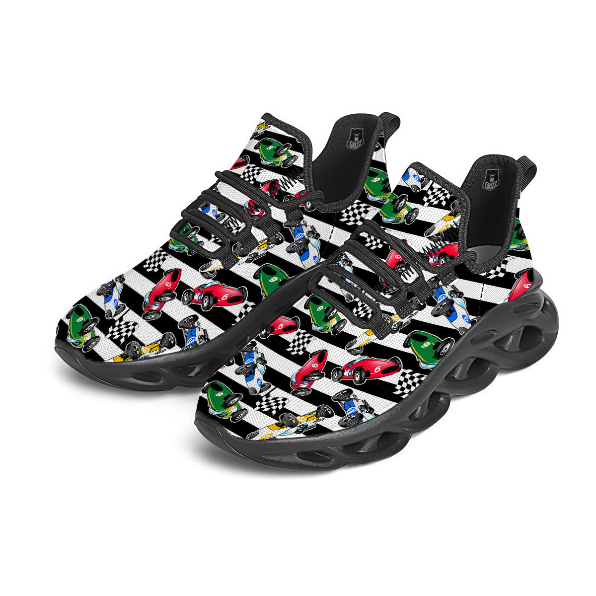 Stripes Racing Cars Print Pattern Black Running Shoes-grizzshop