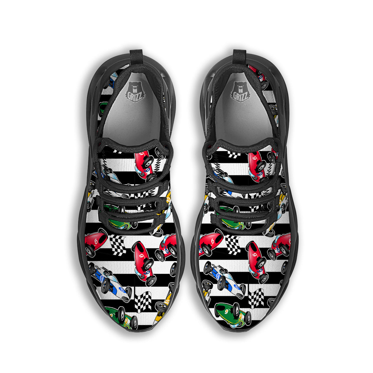Stripes Racing Cars Print Pattern Black Running Shoes-grizzshop