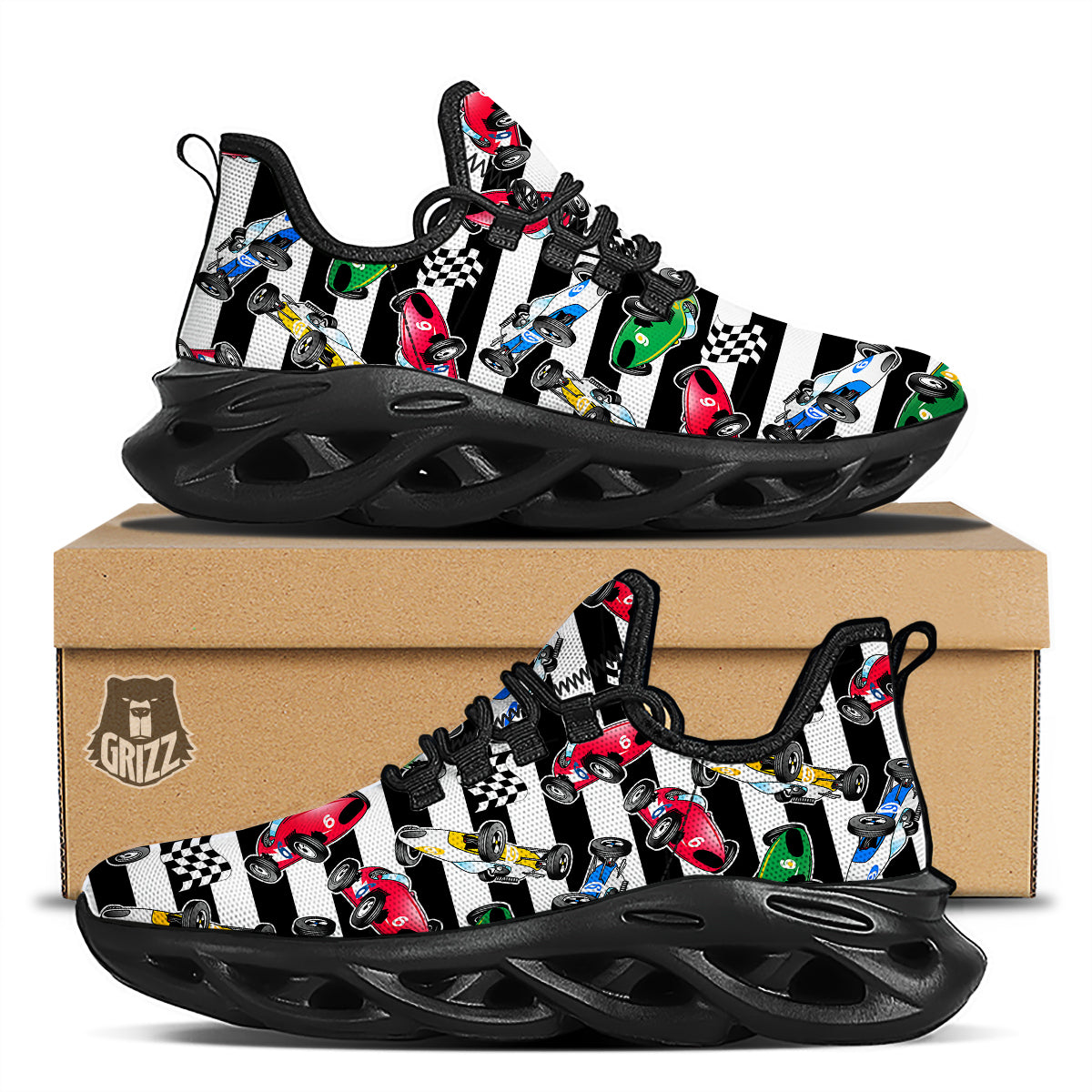 Stripes Racing Cars Print Pattern Black Running Shoes-grizzshop