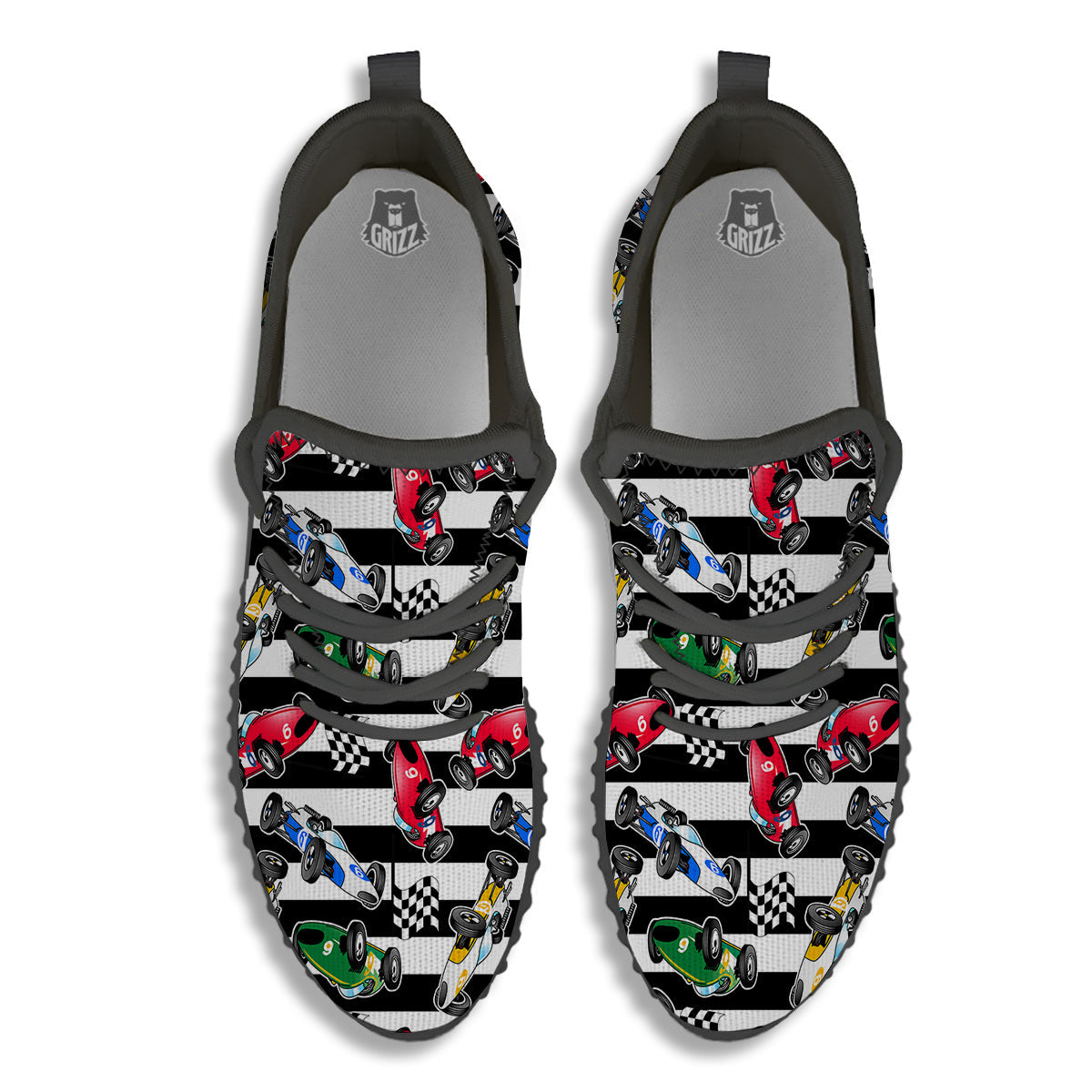 Stripes Racing Cars Print Pattern Black Walking Shoes-grizzshop