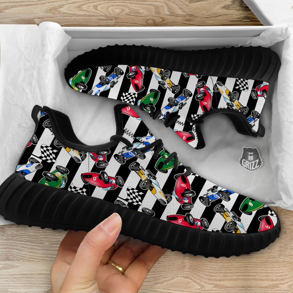 Stripes Racing Cars Print Pattern Black Walking Shoes-grizzshop