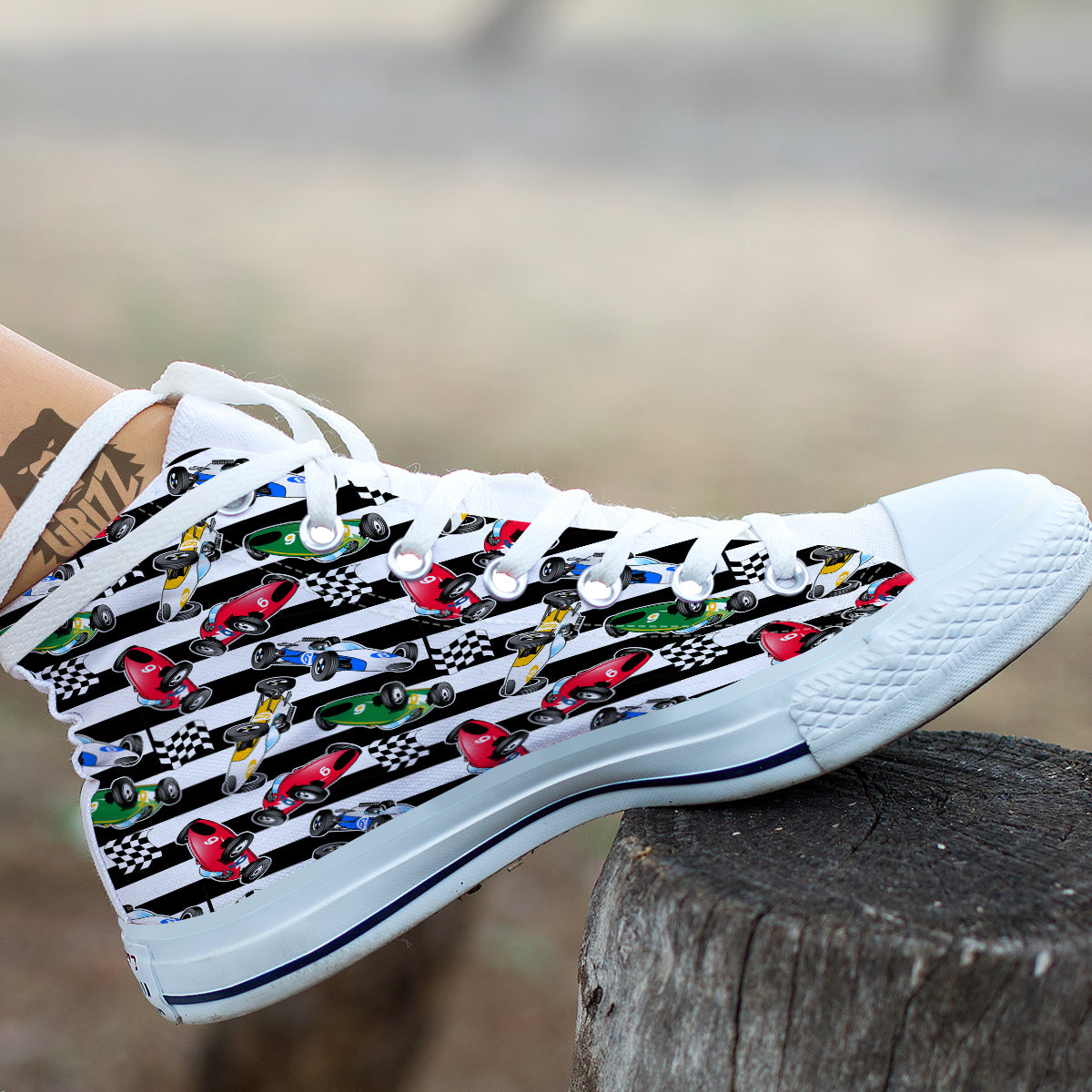 Stripes Racing Cars Print Pattern White High Top Shoes-grizzshop