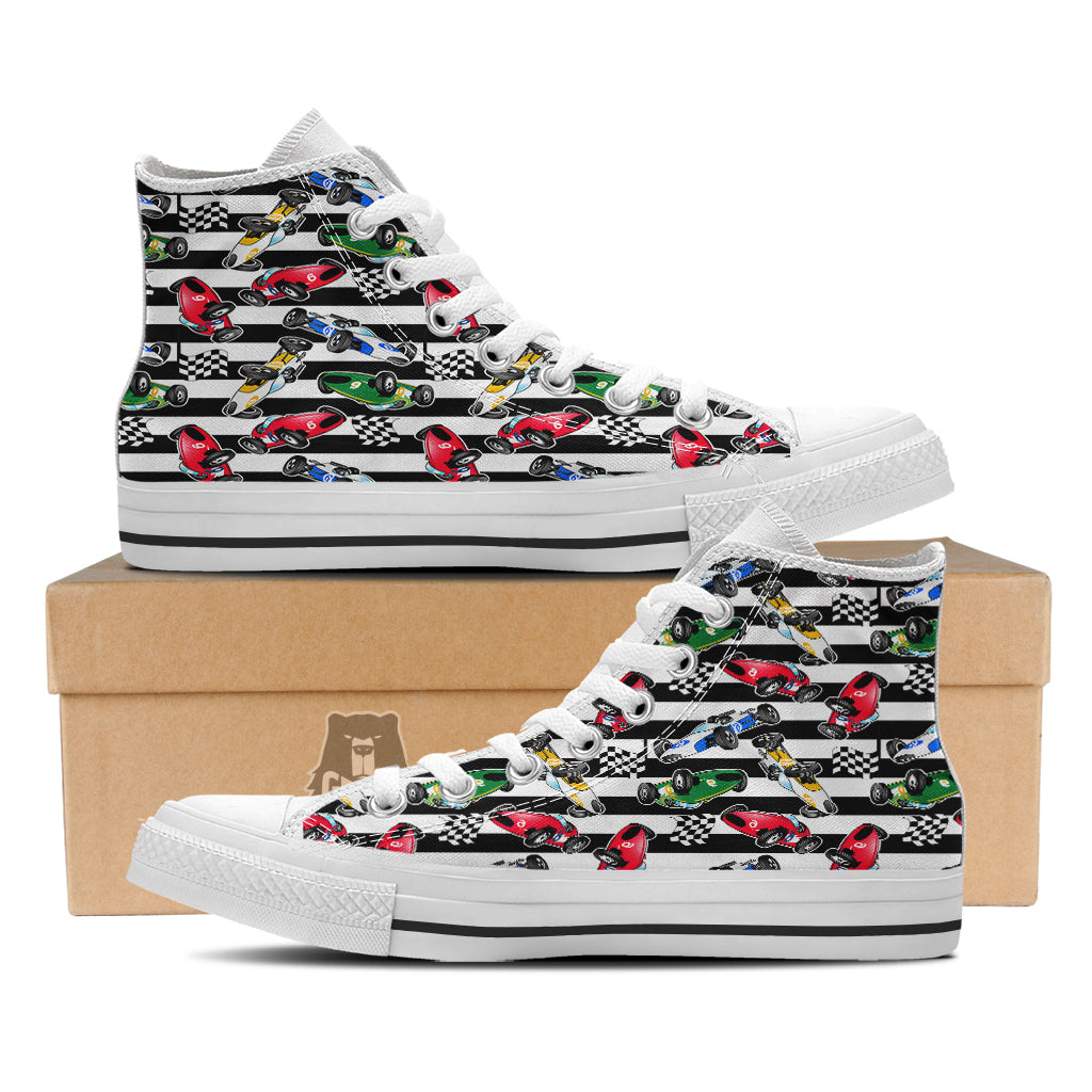 Stripes Racing Cars Print Pattern White High Top Shoes-grizzshop