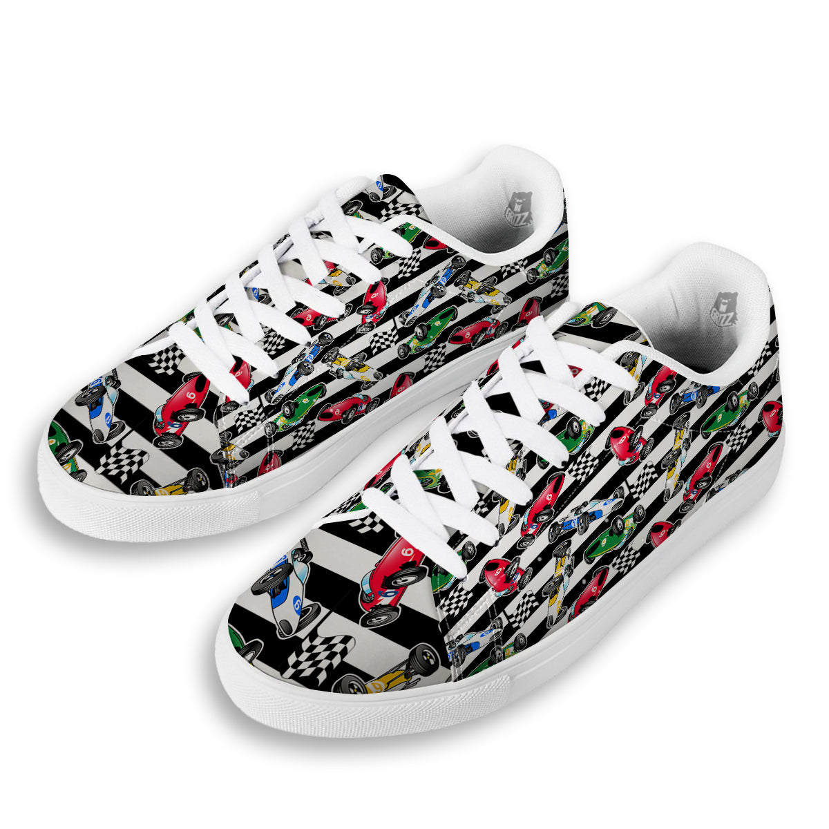 Stripes Racing Cars Print Pattern White Low Top Sneakers-grizzshop