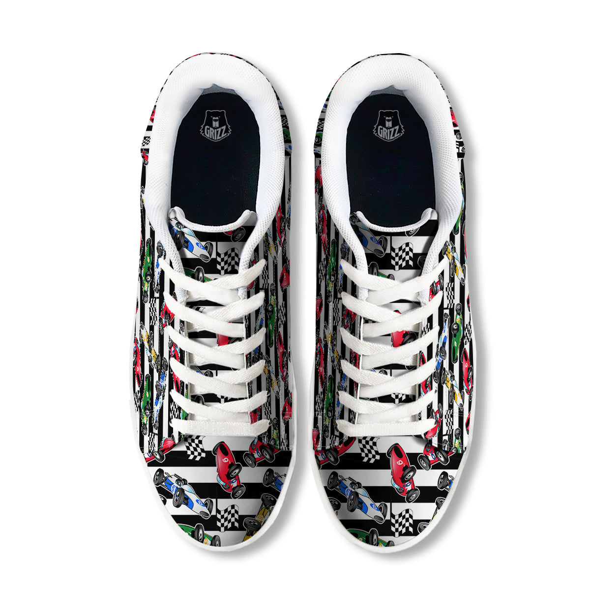 Stripes Racing Cars Print Pattern White Low Top Sneakers-grizzshop