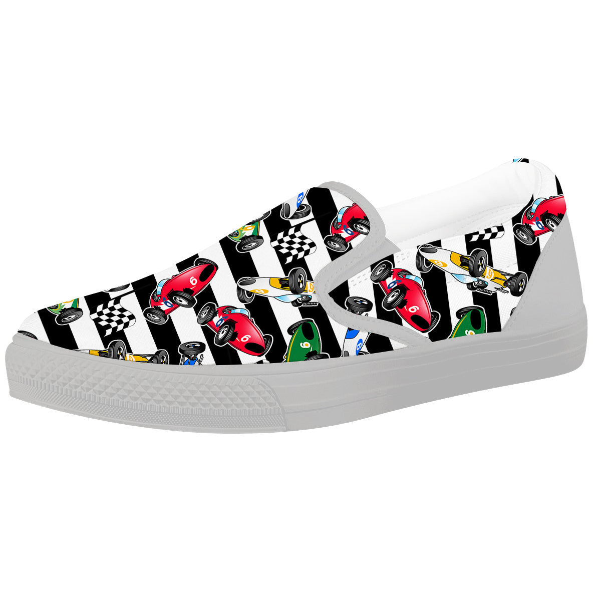 Stripes Racing Cars Print Pattern White Slip On Shoes-grizzshop