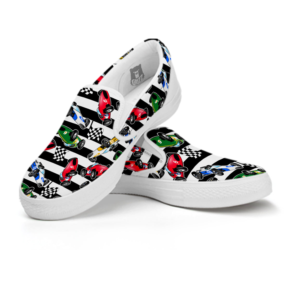 Stripes Racing Cars Print Pattern White Slip On Shoes-grizzshop