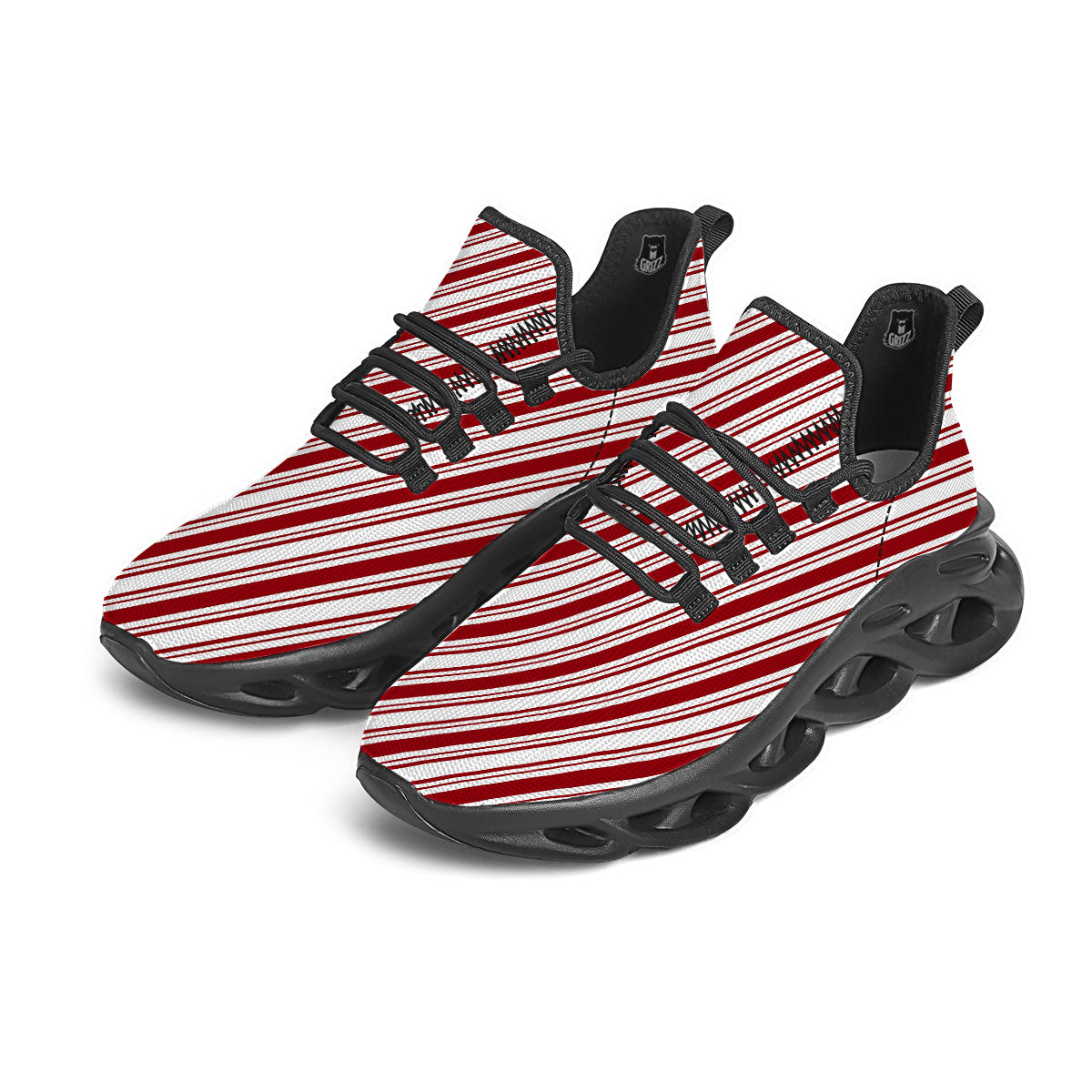 Stripes Xmas Candy Cane Print Pattern Black Running Shoes-grizzshop