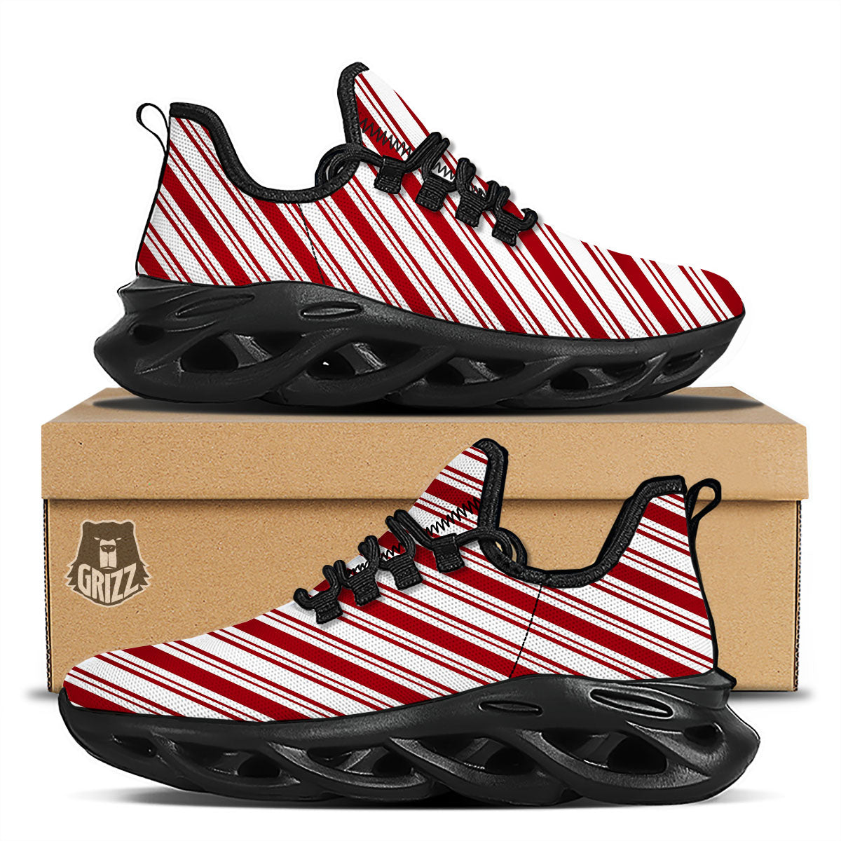 Stripes Xmas Candy Cane Print Pattern Black Running Shoes-grizzshop