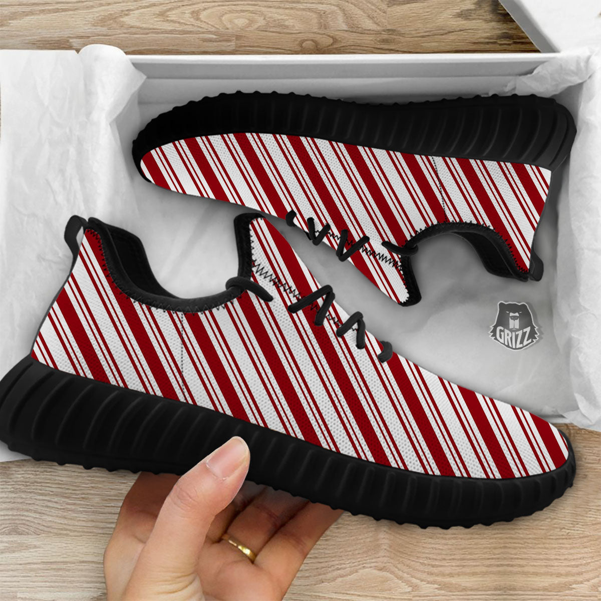 Stripes Xmas Candy Cane Print Pattern Black Walking Shoes-grizzshop