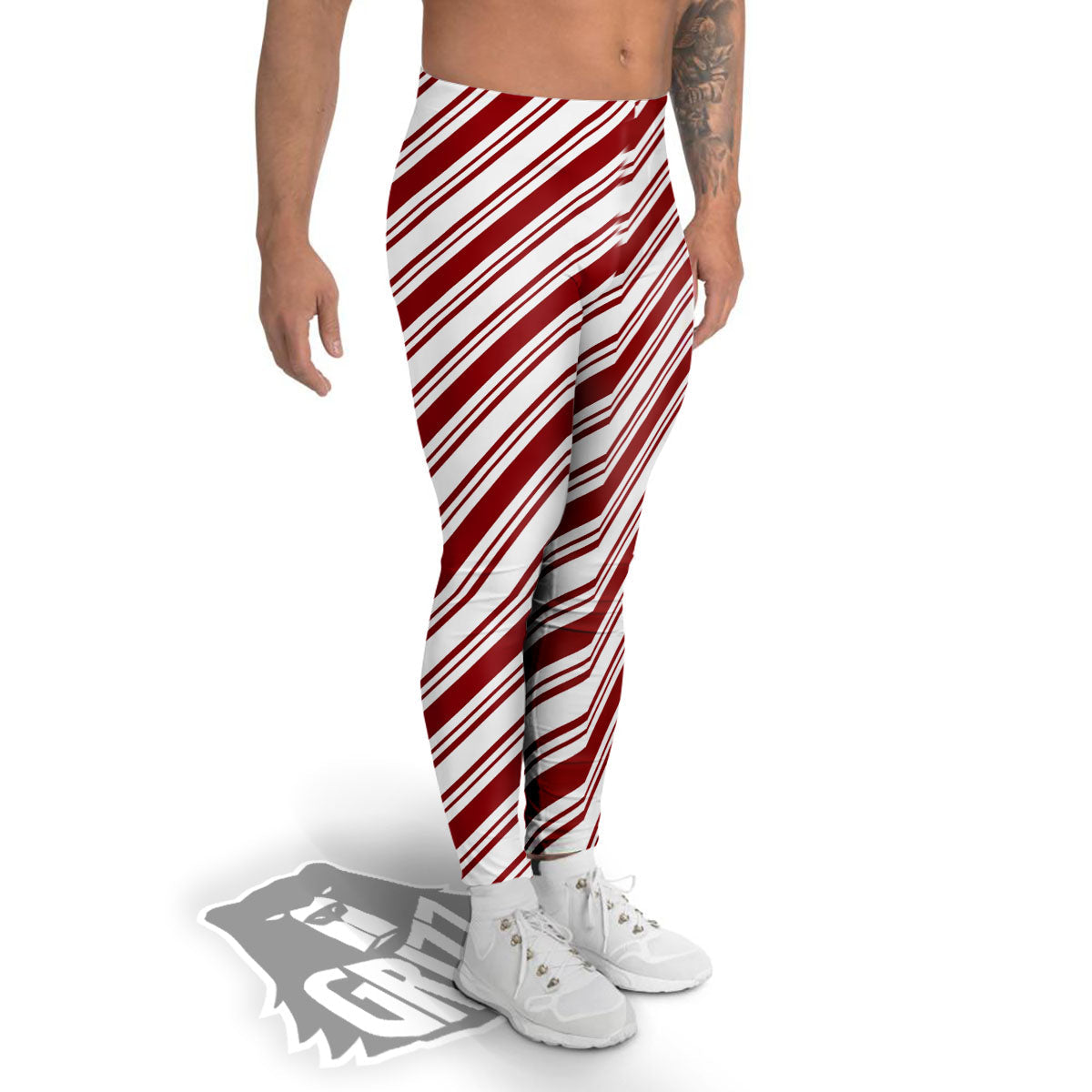 Stripes Xmas Candy Cane Print Pattern Men's Leggings-grizzshop