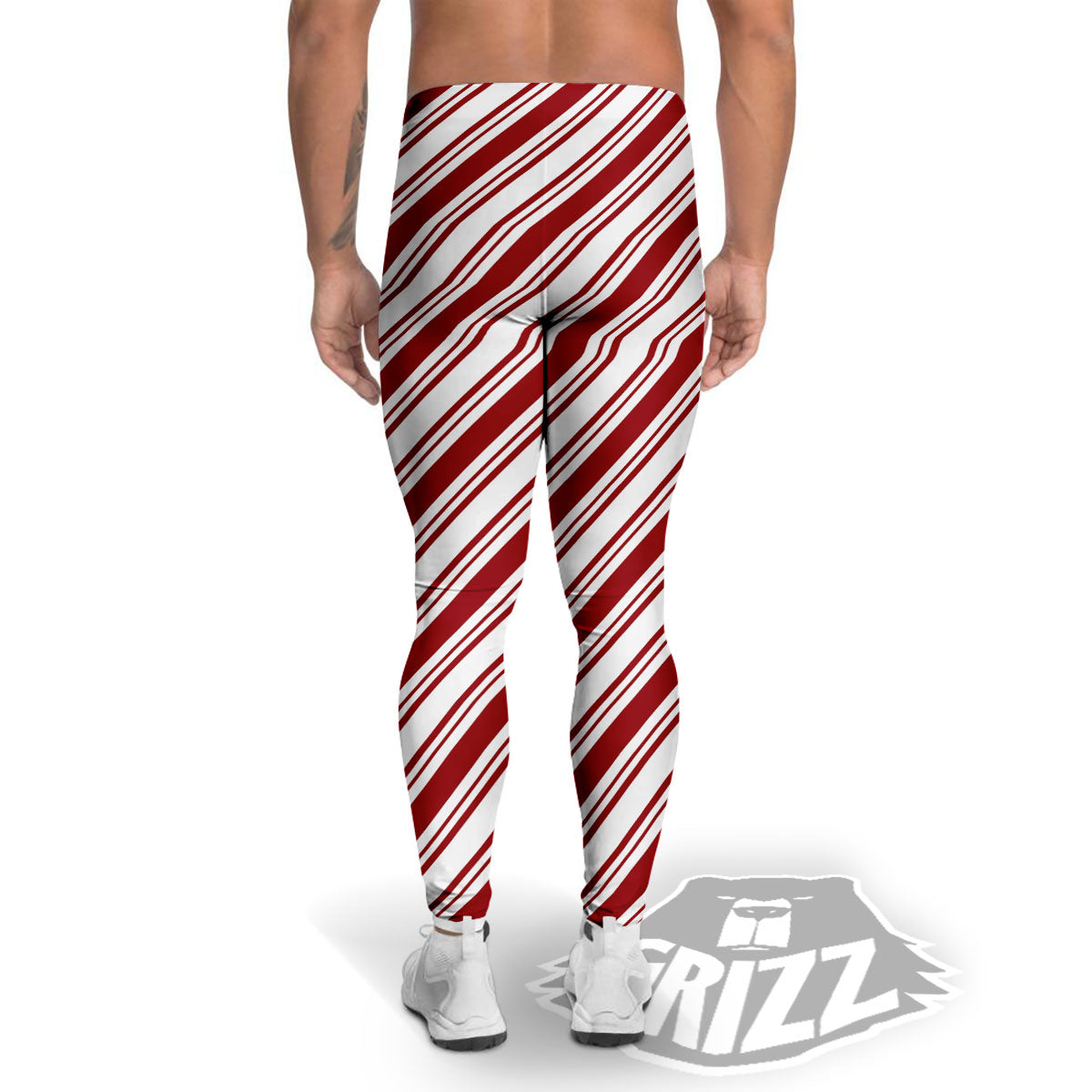 Stripes Xmas Candy Cane Print Pattern Men's Leggings-grizzshop
