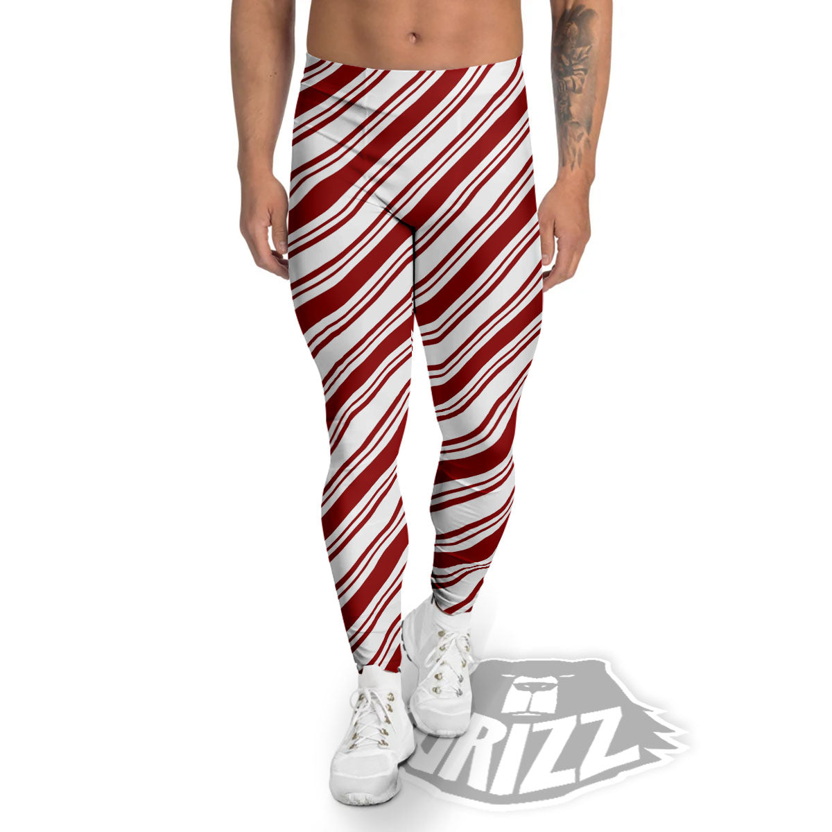 Stripes Xmas Candy Cane Print Pattern Men's Leggings-grizzshop