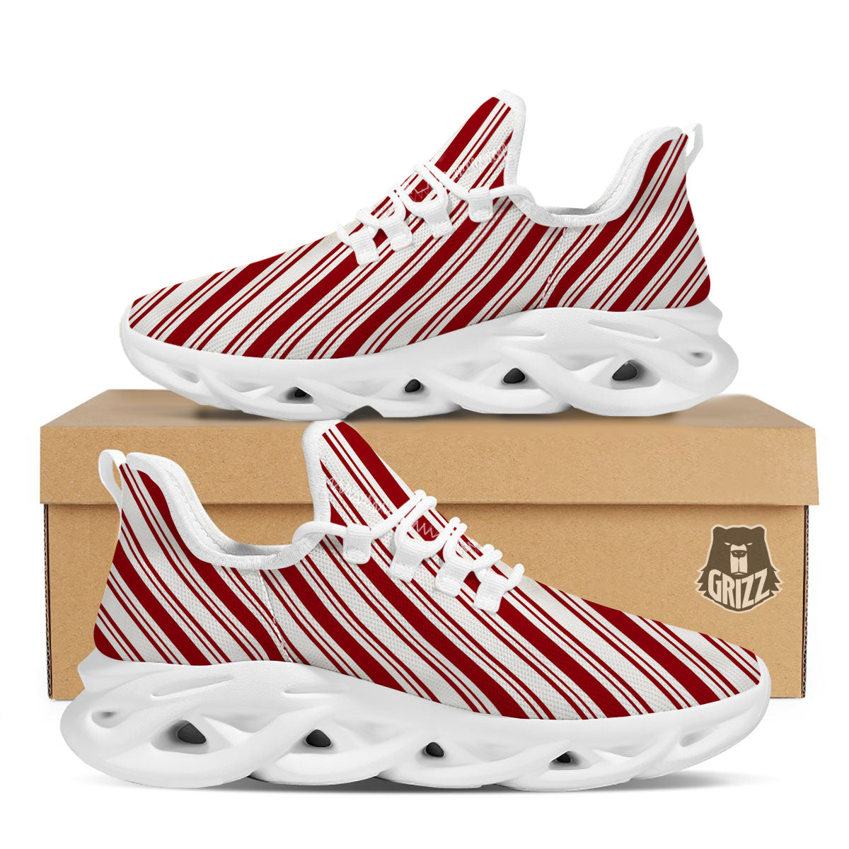 Stripes Xmas Candy Cane Print Pattern White Running Shoes-grizzshop