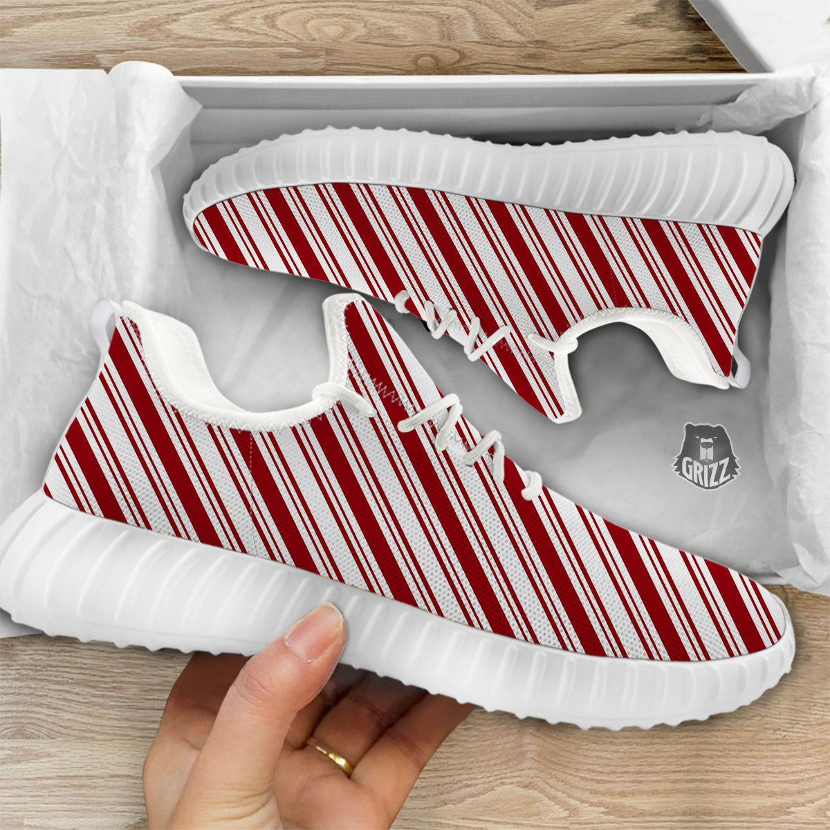 Stripes Xmas Candy Cane Print Pattern White Walking Shoes-grizzshop