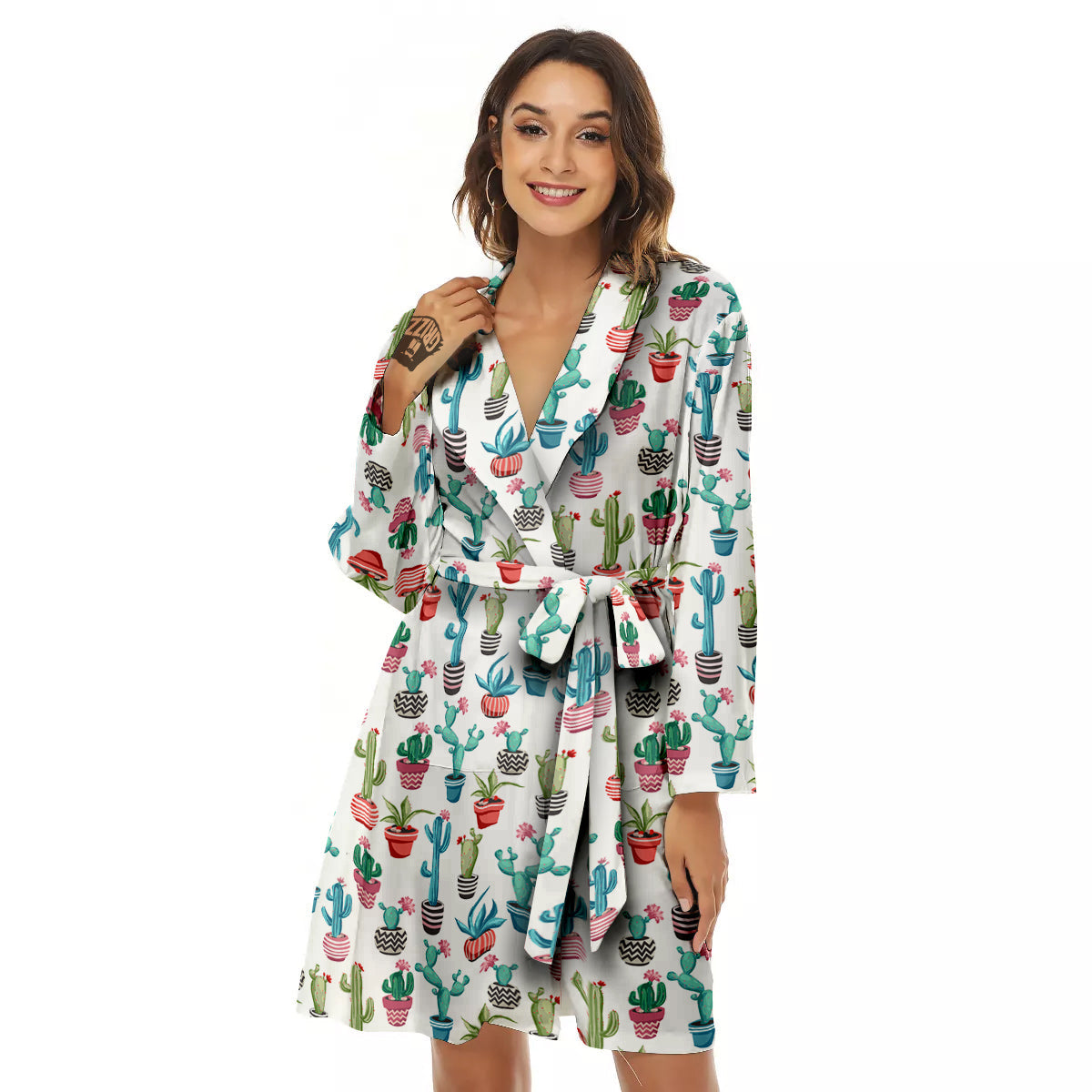 Succulent And Cute Cactus Print Women's Robe-grizzshop