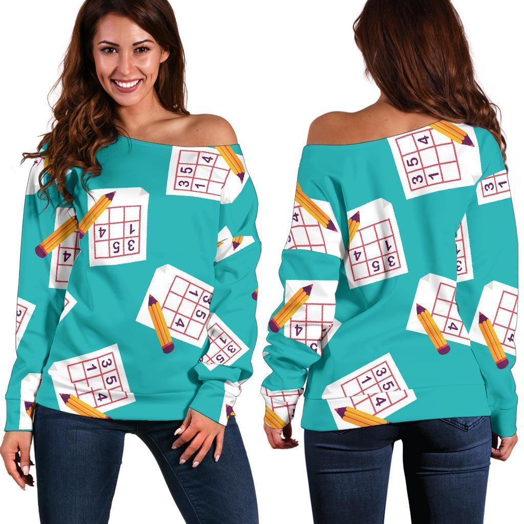 Sudoku Pattern Print Women Off Shoulder Sweatshirt-grizzshop
