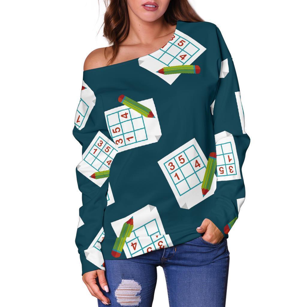 Sudoku Print Pattern Women Off Shoulder Sweatshirt-grizzshop
