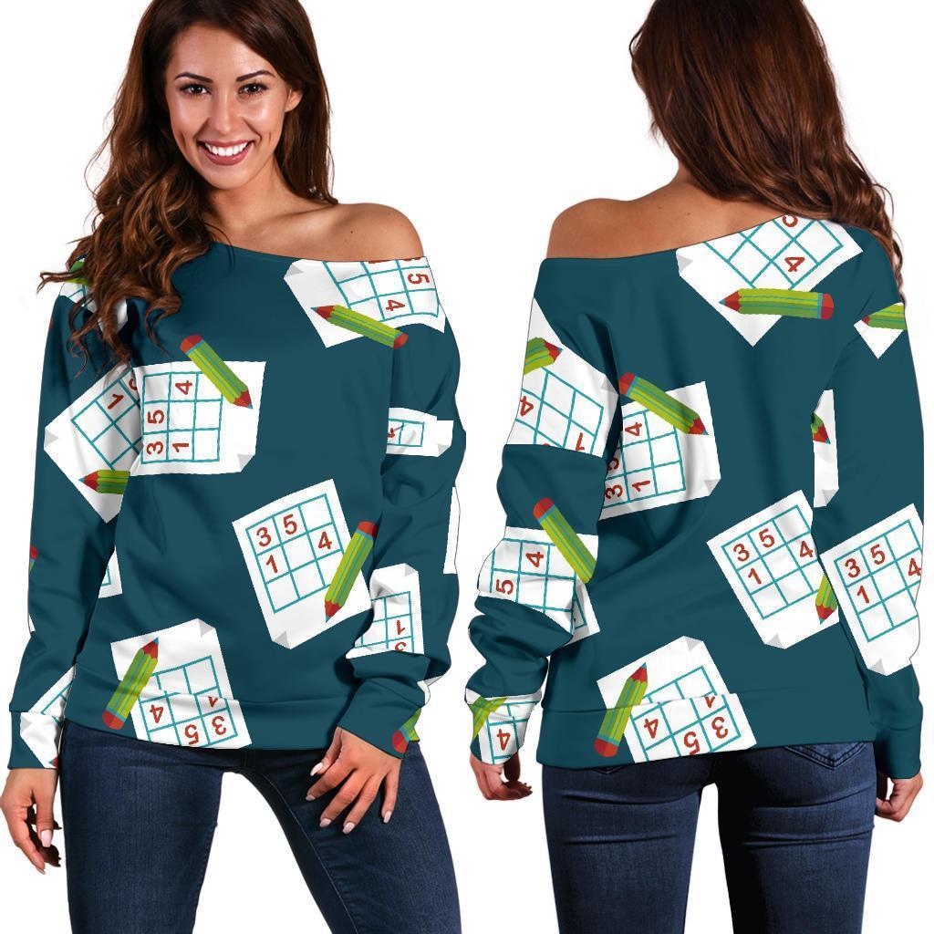 Sudoku Print Pattern Women Off Shoulder Sweatshirt-grizzshop