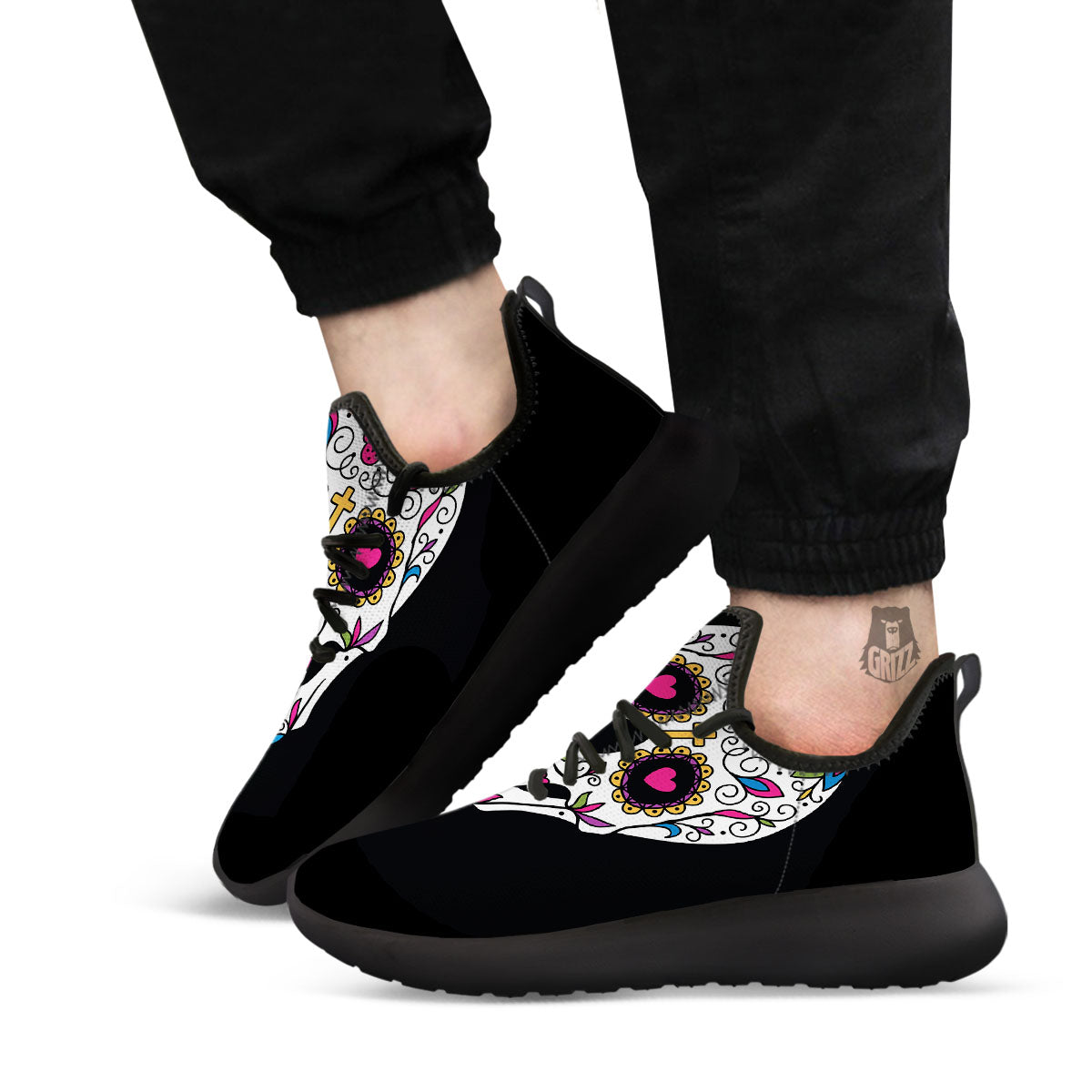 Sugar Skull Day Of The Dead Print Black Athletic Shoes-grizzshop