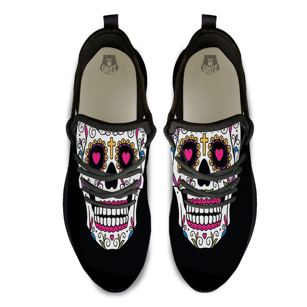Sugar Skull Day Of The Dead Print Black Athletic Shoes-grizzshop