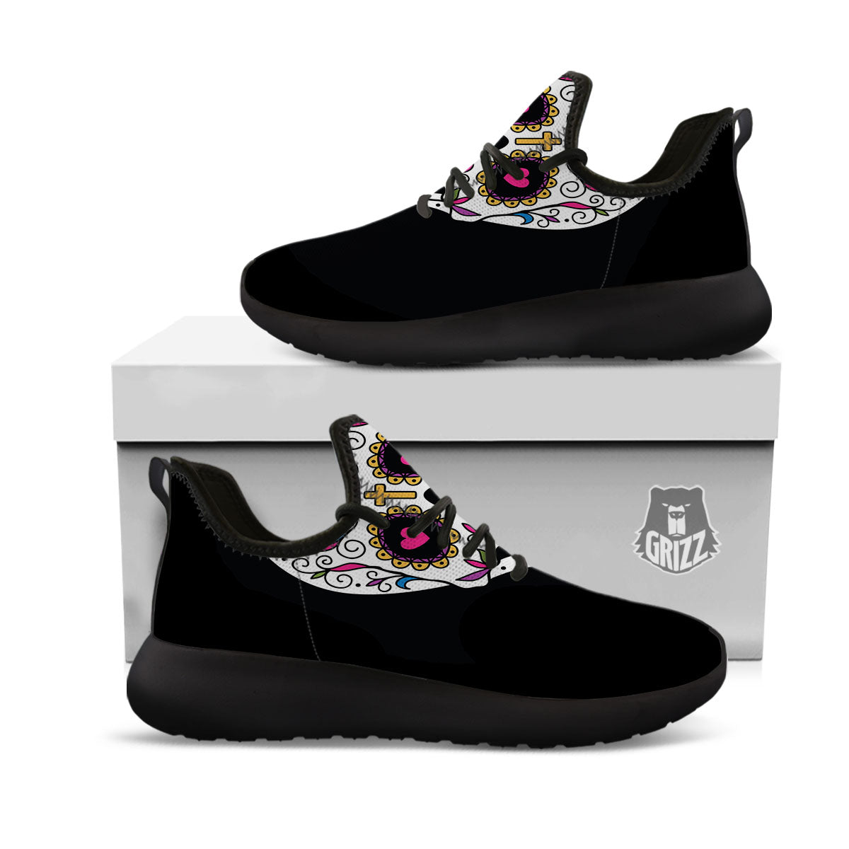 Sugar Skull Day Of The Dead Print Black Athletic Shoes-grizzshop