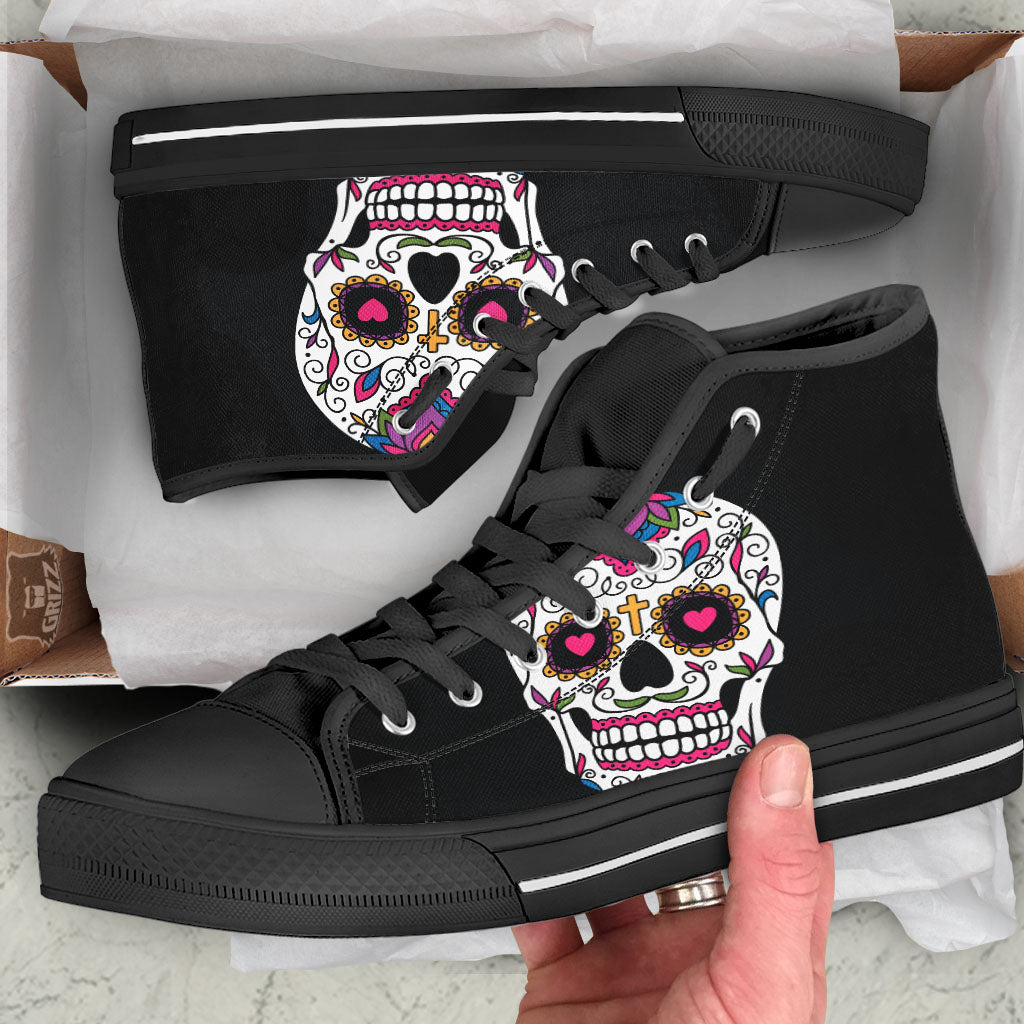 Sugar Skull Day Of The Dead Print Black High Top Shoes-grizzshop