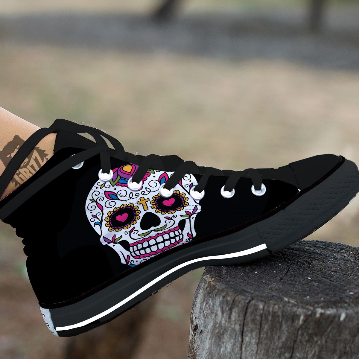 Sugar Skull Day Of The Dead Print Black High Top Shoes-grizzshop