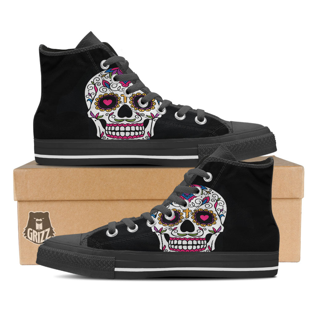 Sugar Skull Day Of The Dead Print Black High Top Shoes-grizzshop