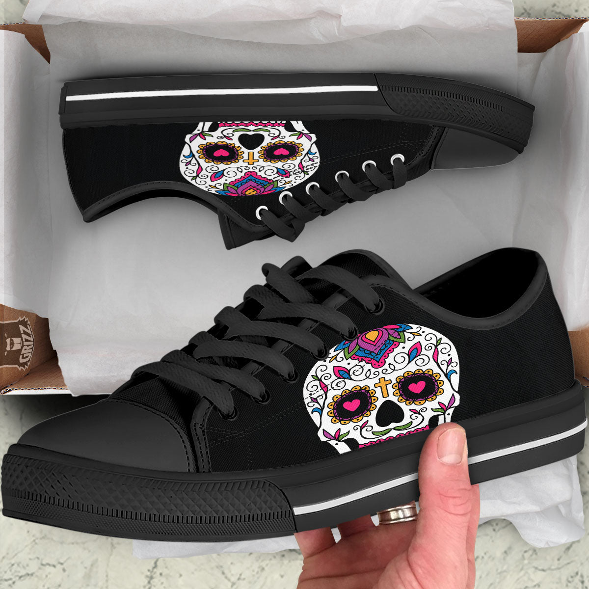 Sugar Skull Day Of The Dead Print Black Low Top Shoes-grizzshop