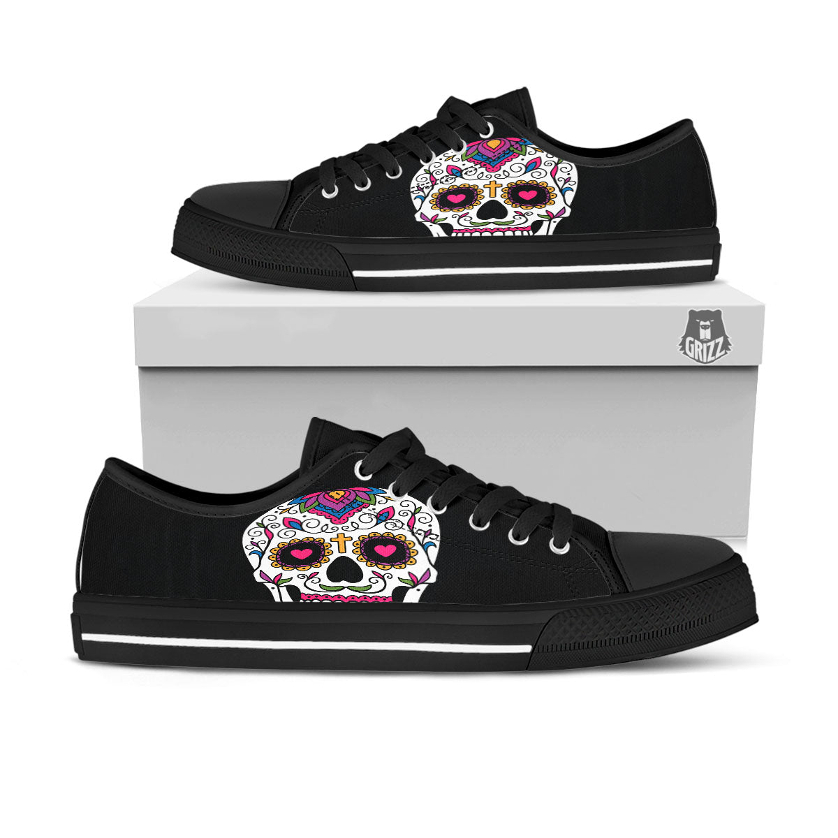 Sugar Skull Day Of The Dead Print Black Low Top Shoes-grizzshop