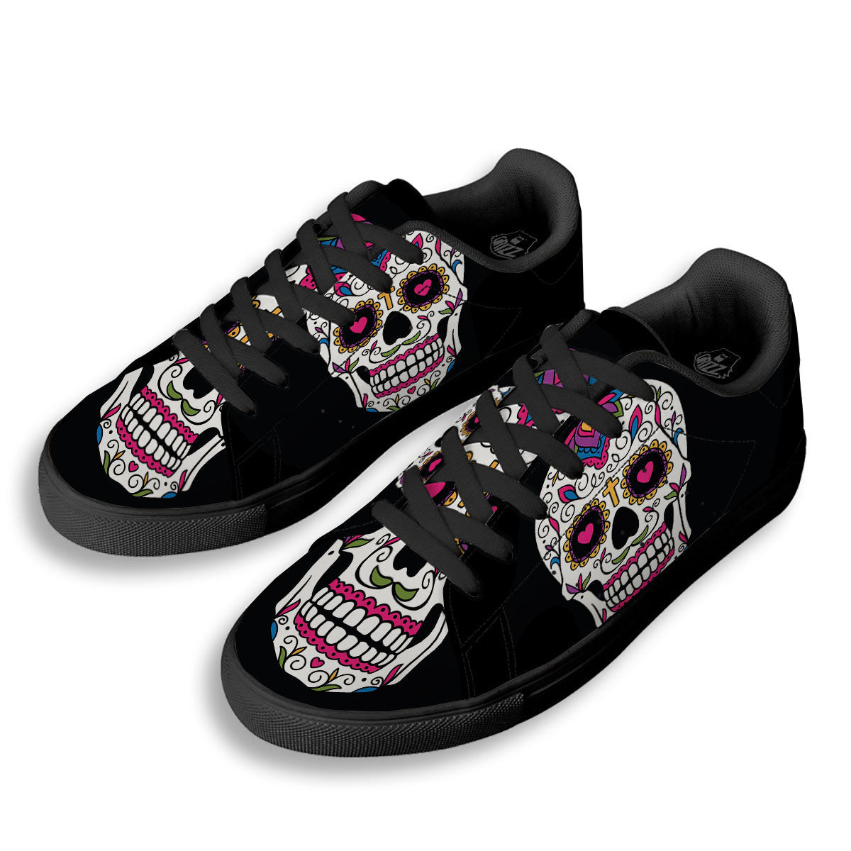 Sugar Skull Day Of The Dead Print Black Low Top Sneakers-grizzshop
