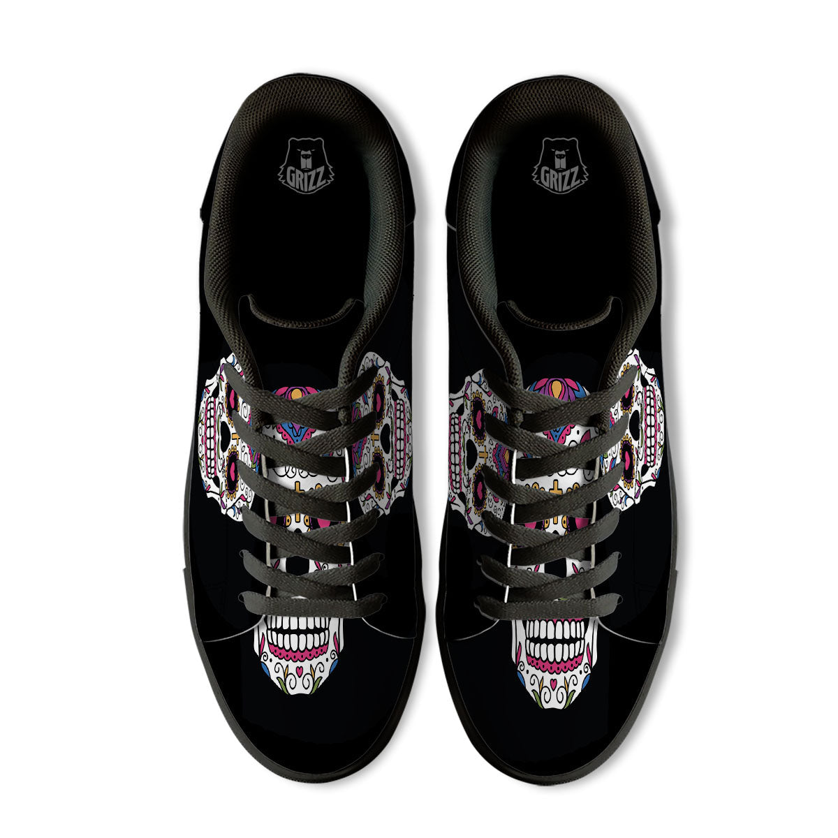Sugar Skull Day Of The Dead Print Black Low Top Sneakers-grizzshop