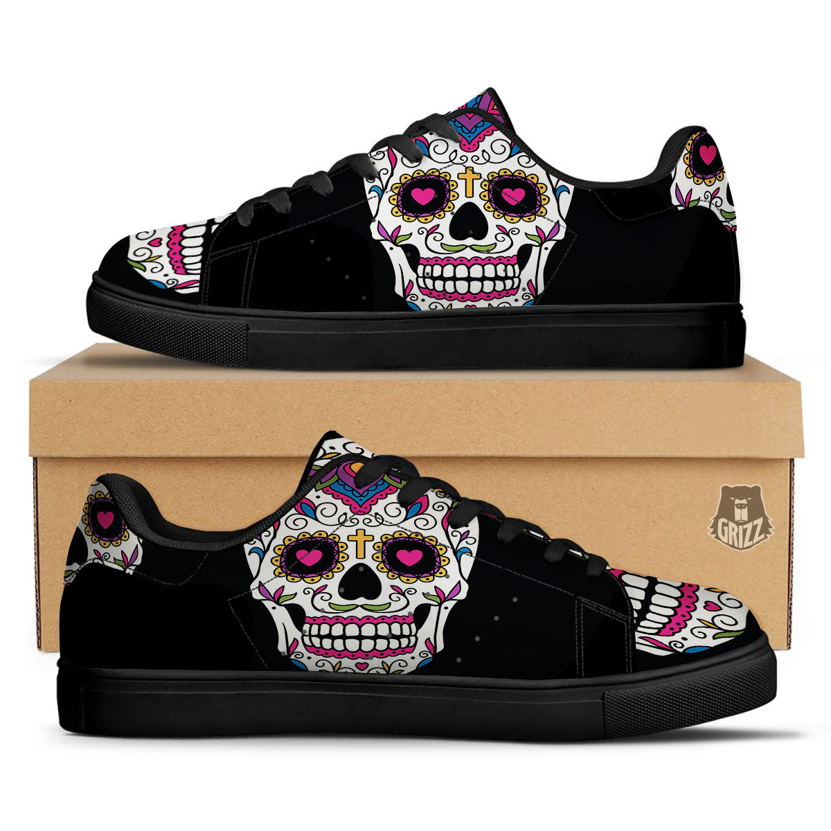 Sugar Skull Day Of The Dead Print Black Low Top Sneakers-grizzshop