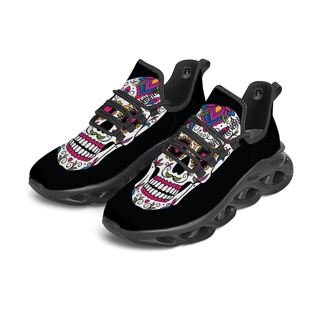 Sugar Skull Day Of The Dead Print Black Running Shoes-grizzshop