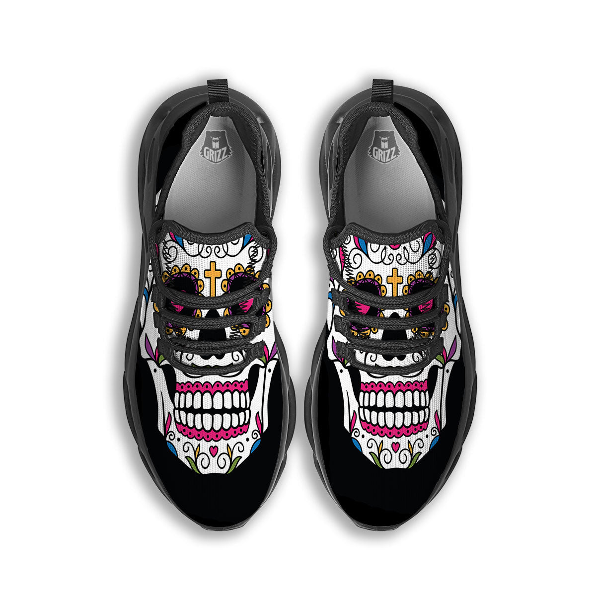 Sugar Skull Day Of The Dead Print Black Running Shoes-grizzshop