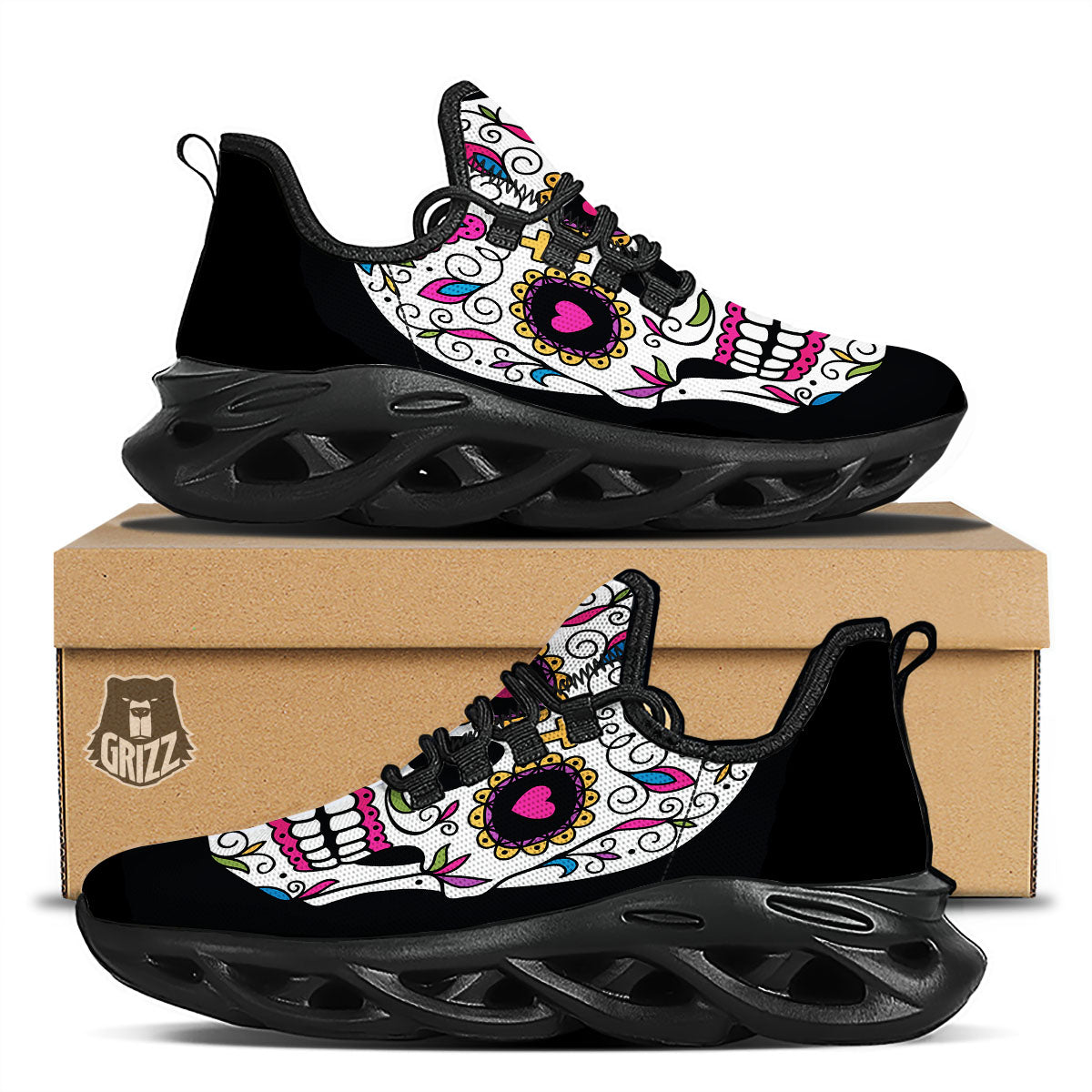 Sugar Skull Day Of The Dead Print Black Running Shoes-grizzshop