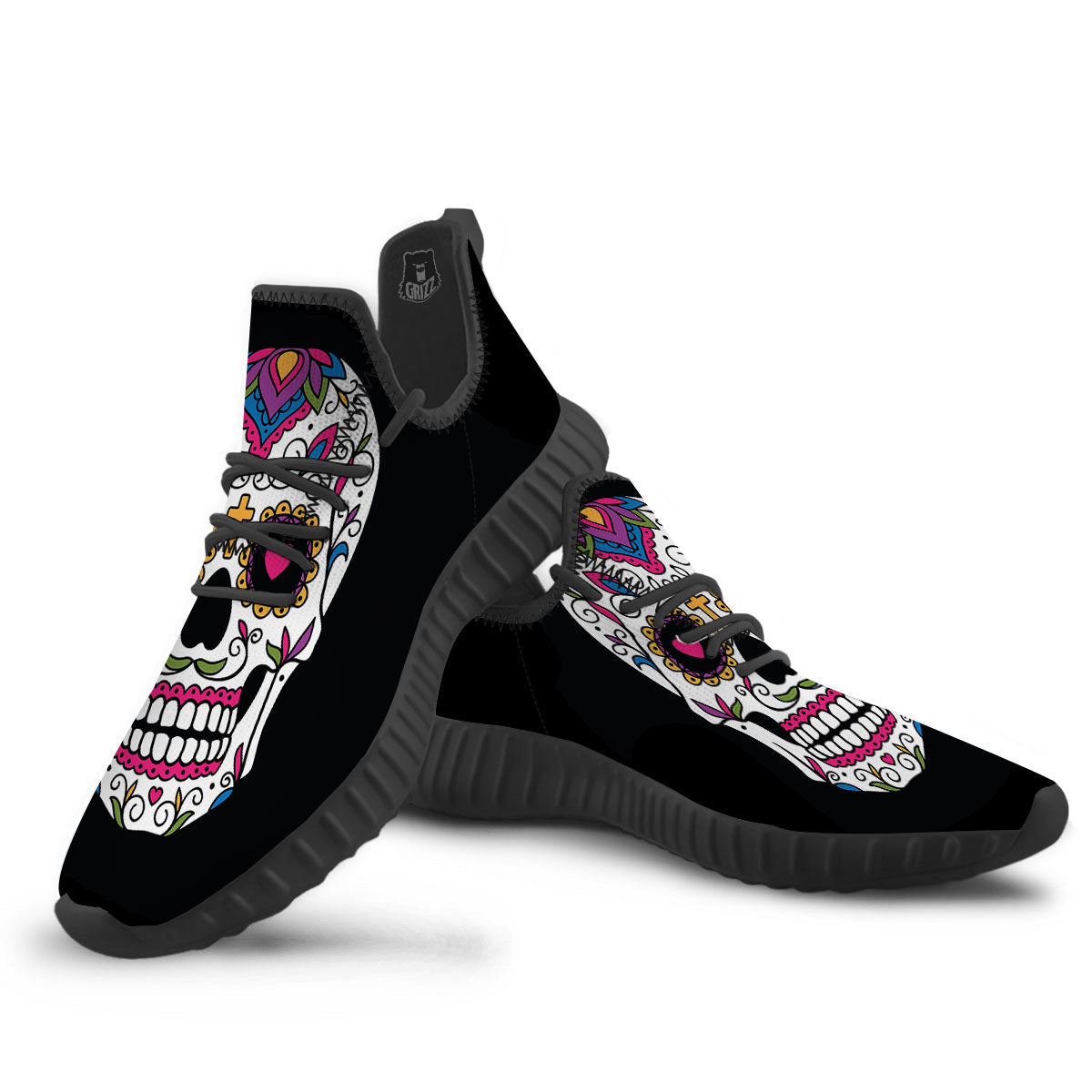Sugar Skull Day Of The Dead Print Black Walking Shoes-grizzshop
