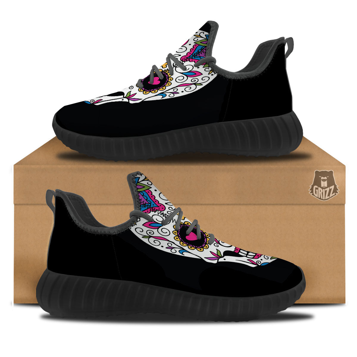Sugar Skull Day Of The Dead Print Black Walking Shoes-grizzshop