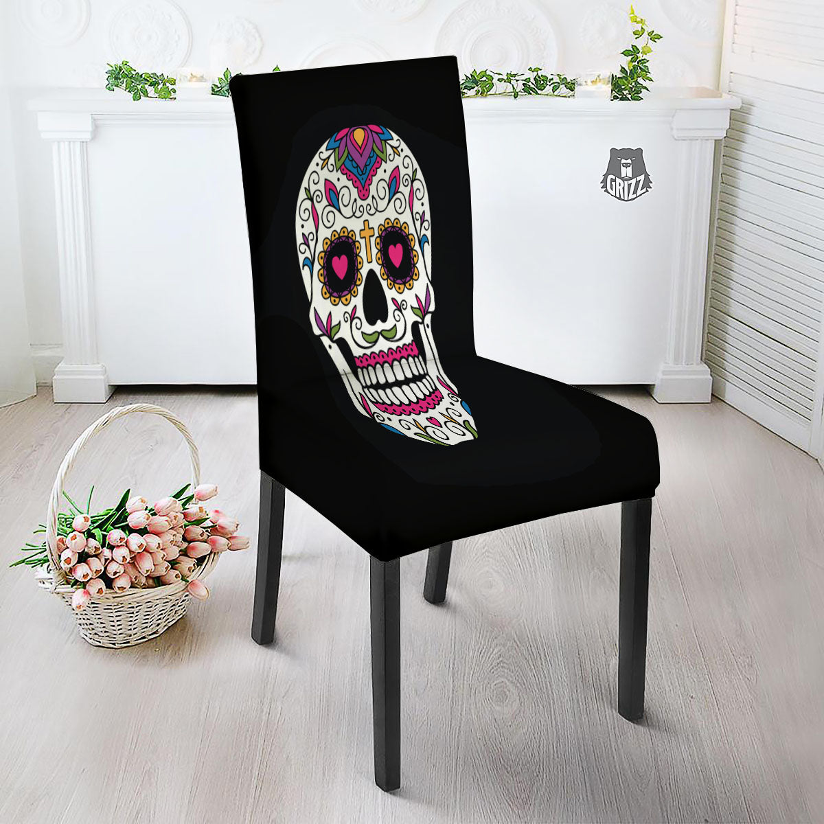 Sugar Skull Day Of The Dead Print Dining Chair Slipcover-grizzshop