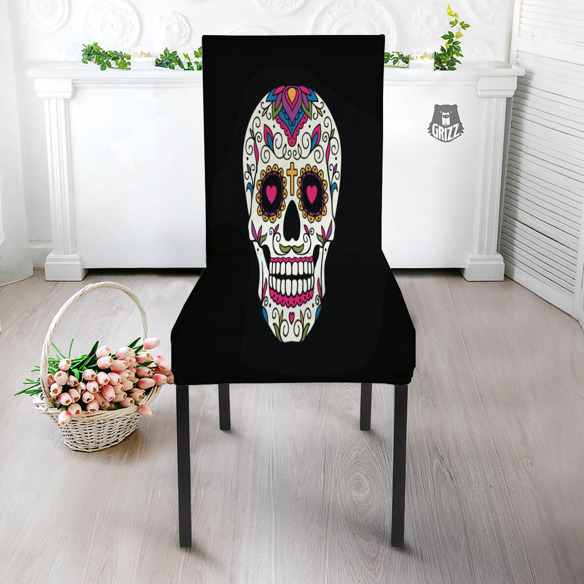 Sugar Skull Day Of The Dead Print Dining Chair Slipcover-grizzshop