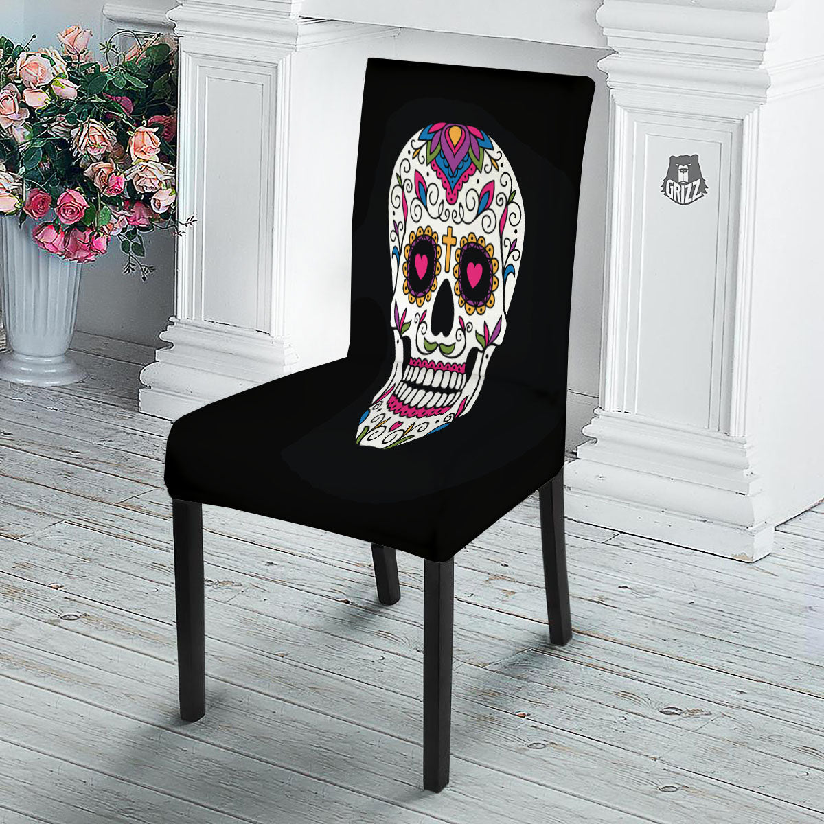 Sugar Skull Day Of The Dead Print Dining Chair Slipcover-grizzshop